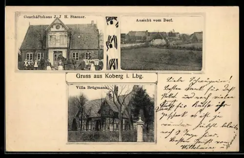 AK Koberg i. Lbg., Geschäftshaus J. J. H Stamer, Villa Brügmann, Ansicht vom Dorf