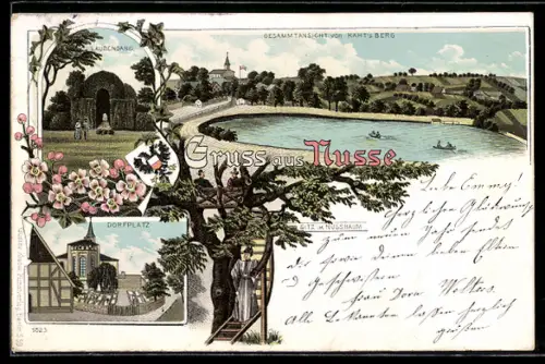 Lithographie Nusse, Dorfplatz, Totalansicht von Kaht`s Berg, Laubengang