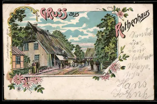 Lithographie Rothenhaus, Gasthaus mit Fuhrwerken im Passepartout