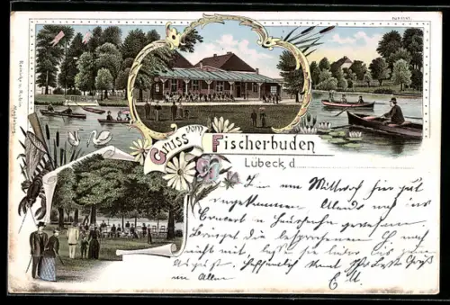 Lithographie Lübeck, Gasthaus Fischerbuden mit Garten, Gondelfahrt