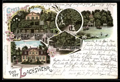 Lithographie Lübeck, Verschiedene Ansichten des Gasthauses Lachswehr, darunter am See und Gästebereich