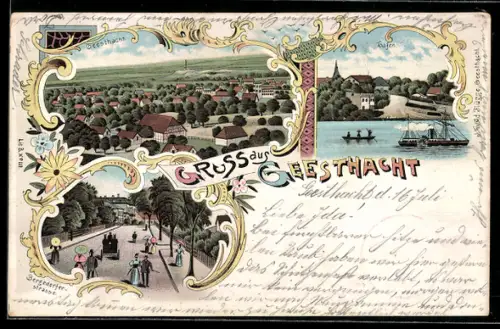 Lithographie Geesthacht, Bergedorfer Strasse, Hafen, Ortsansicht aus der Vogelschau