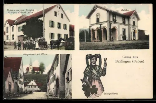 AK Bahlingen /Baden, Restaurant zum Bahnhof, Bahnhof, Hauptstrasse mit Kirche, Markgräflerin