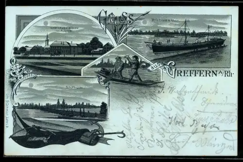 Mondschein-AK Greffern a. Rh., Gasthaus z. Schiff von M. Ganter, Schiffbrücke, Verladestelle am Rhein