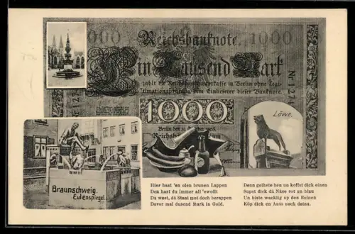 AK Braunschweig, Eulenspiegelbrunnen, Reichsbanknote 1000 Mark