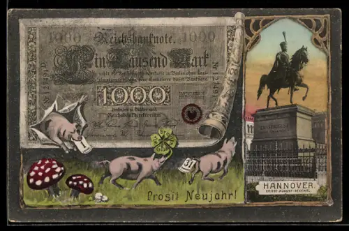 AK Hannover, Ernst August-Denkmal, Reichsbanknote 1000 Mark mit Schweinen