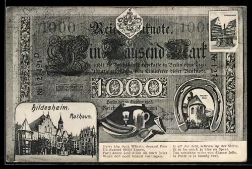 AK Hildesheim, Rathaus, Reichsbanknote 1000 Mark mit Hufeisen