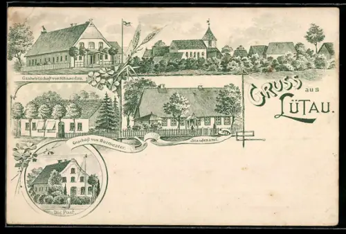 Lithographie Lütau, Geschäft v. Burmester, Gasthaus v. H. Basedau, Die Post