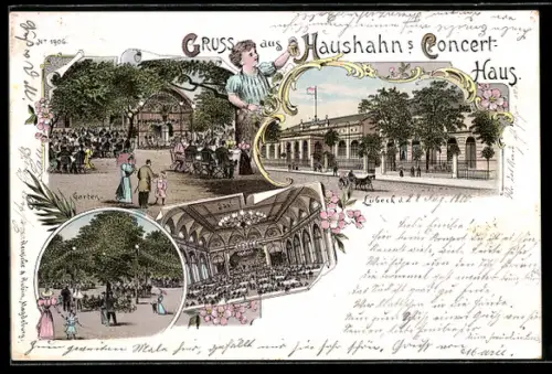 Lithographie Lübeck, Gasthof Haushahn`s Concert-Haus, Garten, Saal