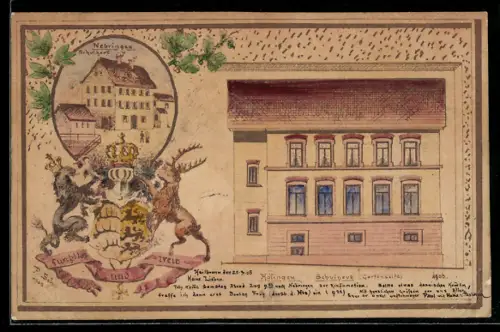 AK Höfingen /Leonberg, Schulhaus von der Gartenseite, Wappen