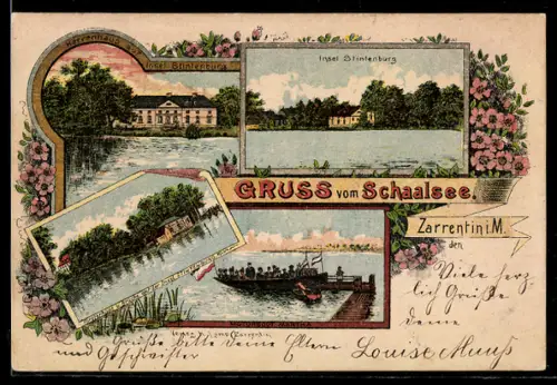 Lithographie Zarrentin i. M., Insel Stintenburg im Schaalsee, Motorboot Martha, Herrenhaus