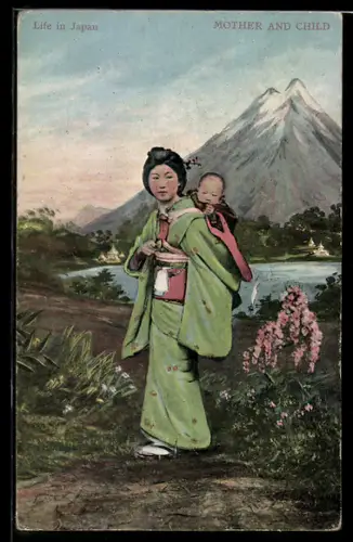 AK Geisha mit einem Kind auf dem Rücken