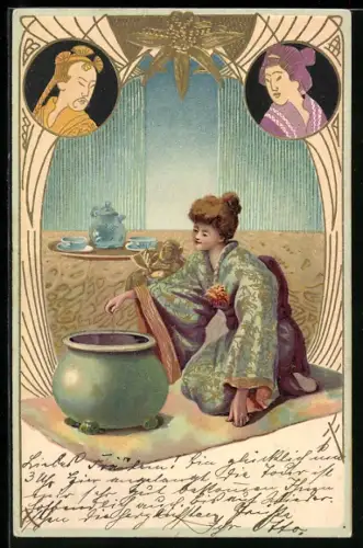 Präge-Lithographie Europäische Dame im japanischen Gewand bei der Teezubereitung, Ornamente, Portraits