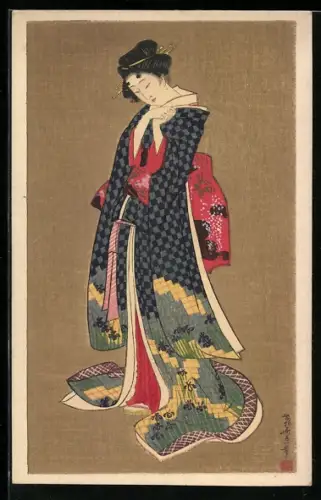 AK Geisha mit buntem Kimono in nachdenklicher Hatlung