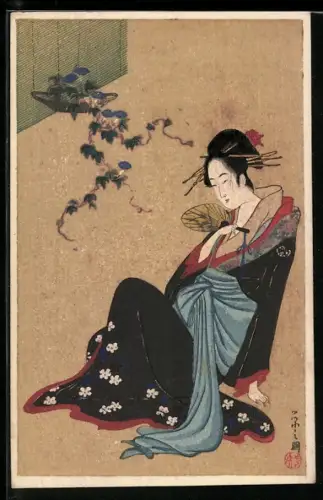 AK Sitzende Geisha mit Fächer, florales Ornament