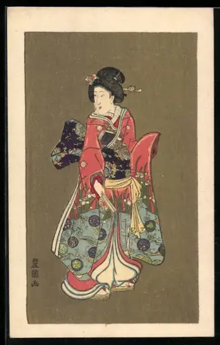 AK Stehende Geisha in einem bunten Kimono