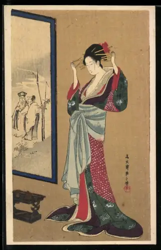 AK Geisha beim Richten der Frisur, Fenster-Ausblick auf zwei Japaner im Gespräch