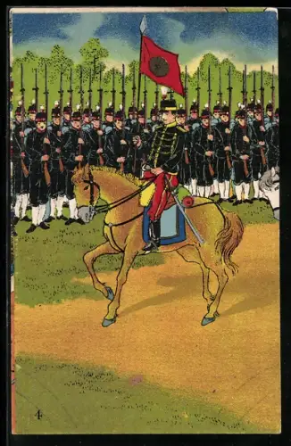 AK Japanischer Militäraufzug, Reiter mit Fahne