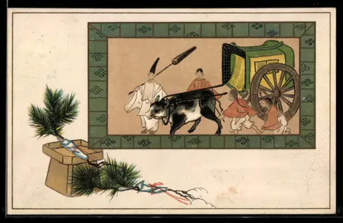 Präge-AK Ochsen-Kutsche mit Begleitern, geschmückter Kieferzweig und Schachtel