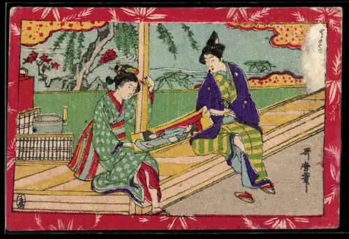 AK Zwei Geishas beim Betrachten eines Portraits in Anlagen an einem Gewässer