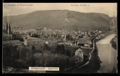 AK Echternach, Panorama, Basilika und Klostergarten
