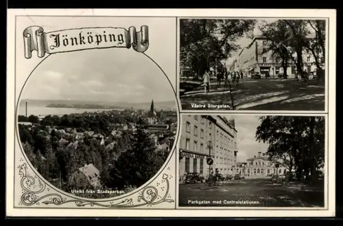 AK Jönköping, Utsikt fran Stadsparken, Västra Storgatan, Parkgatan med Centralstationen