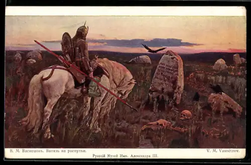 Künstler-AK sign. V. M. Vasnétzov: Ritter sitzt zusammengesunken auf seinem Pferd, Russische Kunst