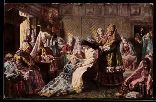 Künstler-AK sign. C. Makowsky: Brauttoilette, Braut wird für ihre Hochzeit frisiert