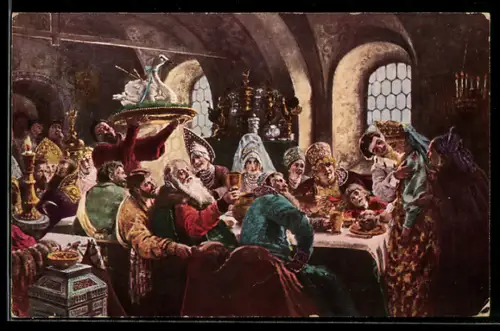 Künstler-AK sign. C. Makowsky: Hochzeitsgesellschaft beim Festessen