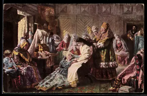 Künstler-AK sign. C. Makowsky: Braut wird für ihre Hochzeit frisiert