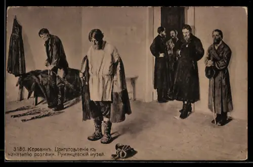 Künstler-AK sign. Korowin: Mann zieht seinen Ledermantel aus