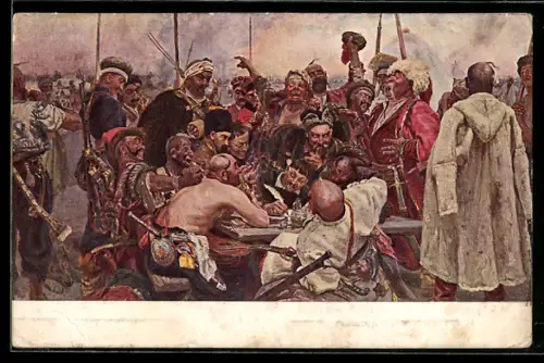 Künstler-AK sign. Ilja Repin: Die Zaporozher Kosaken schreiben dem Sultan einen Brief