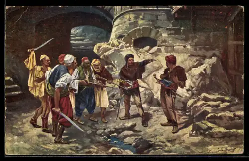 AK Mazedonische Männer mit Säbeln und Schusswaffen