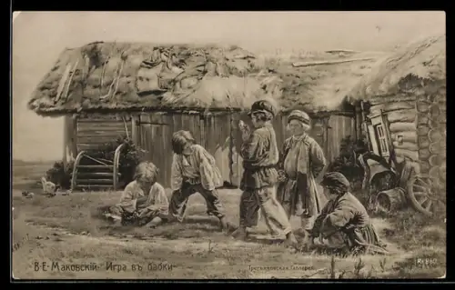 Künstler-AK sign. W. E. Makovskiy: Spielende Dorfkinder