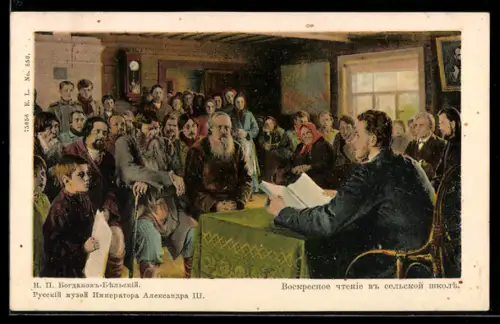 Künstler-AK sign. N. P. Bogdanov-Bielskiy: Sonntagsvorlesung in der Dorfschule