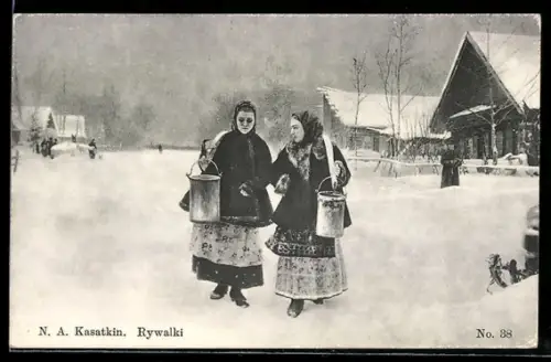 Künstler-AK Rywalki, russische Wasserholerinnen im Winter