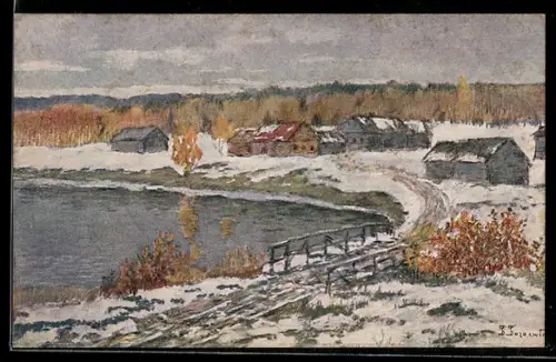 Künstler-AK sign. B. M. Bogolyubov: Verschneites Dorf