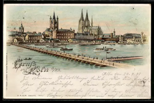 Lithographie Köln, Hafenpartie mit Dampfer, leuchtende Fenster im Gegenlicht, Halt gegen das Licht