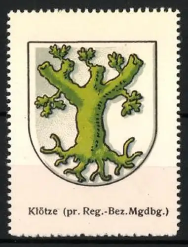 Reklamemarke Klötze, Klötze (pr. Reg.-Bez. Mgdgb.), grüner Baumstumpf