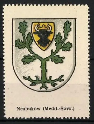 Reklamemarke Neubukow, Schwerin / Mecklenburg, Eichenbaum mit Stierkopf-Wappen