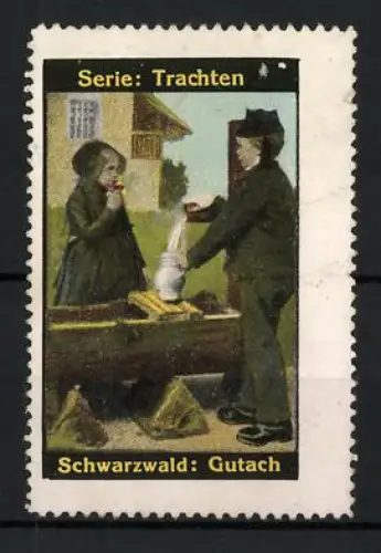 Reklamemarke Schwarzwald Gutach, Serie: Trachten, Trachtenpaar beim Brunnen