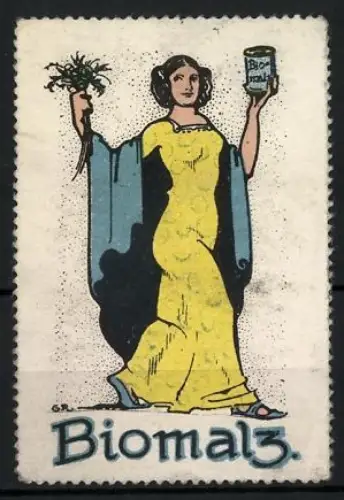 Reklamemarke Biomaltz, Frau mit gelbem Kleid