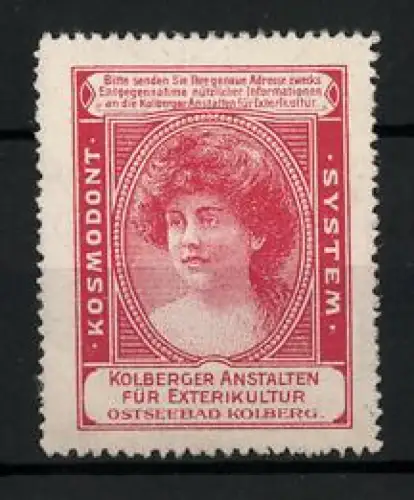 Reklamemarke Kolberg, Kolberger Anstalten für Exterieurkultur, Porträt einer Frau