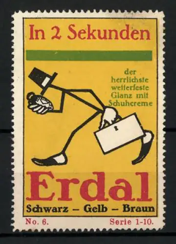 Reklamemarke Erdal, Schuhcreme, In 2 Sekunden, laufender Schuh mit Taschenuhr, Hut und Koffer