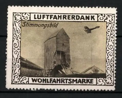 Reklamemarke Luftfahrerdank, Stimmungsbild, Flugzeug und Gebäude