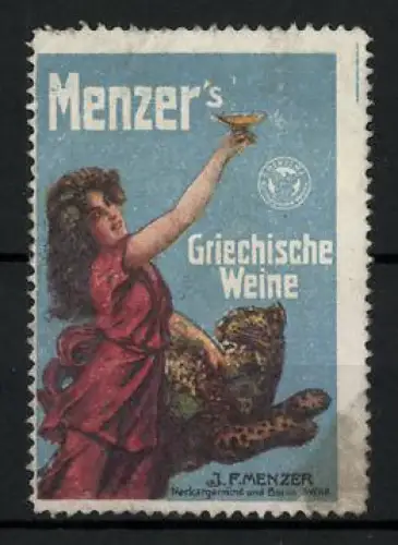 Reklamemarke Menzer`s, Griechische Weine, Frau mit Pokal & Leopard