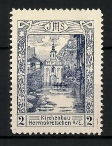 Reklamemarke Herrnskretschen, Kirchenbau, Kirche in Dorfszene