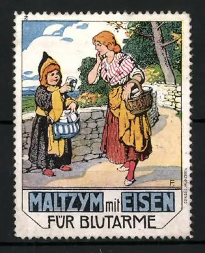 Reklamemarke Maltzym mit Eisen, Münchner Kindl mit Flasche und Frau mit Korb