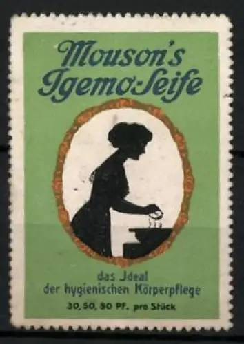 Reklamemarke Mouson`s Igemo-Seife, Frau beim Händewaschen