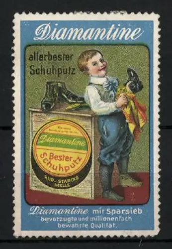 Reklamemarke Diamantine, Allerbester Schuhputz, Junge mit Schuh und Tuch